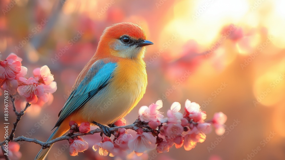 Obraz premium A colorful bird sits on a branch filled with pink flowers, creating a peaceful and vibrant scene in nature, enhanced by warm, blurred background colors.