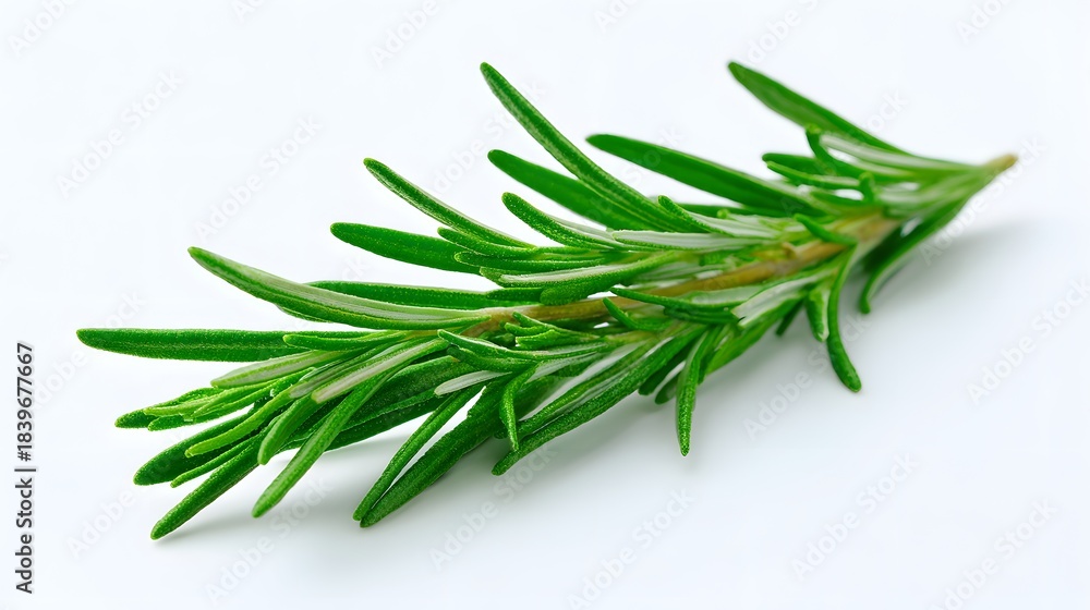 Fototapeta premium Fresh sprig of aromatic herb rests diagonally across a clean white background