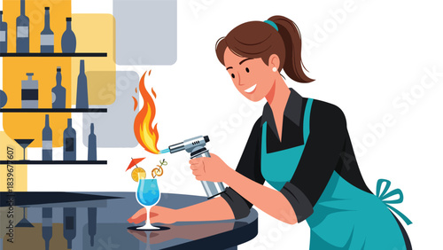 Flat modern vector of a bartender creating a flaming garnish for a dramatic cocktail presentation. Ideal for mixology branding and high-end bar promotions