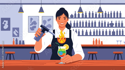 Flat modern vector of a bartender creating a flaming garnish for a dramatic cocktail presentation. Ideal for mixology branding and high-end bar promotions