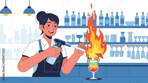 Flat modern vector of a bartender creating a flaming garnish for a dramatic cocktail presentation. Ideal for mixology branding and high-end bar promotions