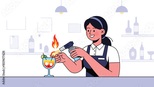 Flat modern vector of a bartender creating a flaming garnish for a dramatic cocktail presentation. Ideal for mixology branding and high-end bar promotions