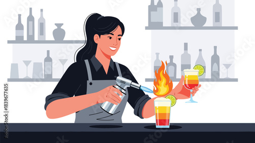 Flat modern vector of a bartender creating a flaming garnish for a dramatic cocktail presentation. Ideal for mixology branding and high-end bar promotions