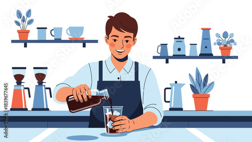Flat modern vector of a barista pouring cold brew into an iced cup, ideal for summer café menus, beverage promos, and drink packaging