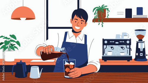 Flat modern vector of a barista pouring cold brew into an iced cup, ideal for summer café menus, beverage promos, and drink packaging