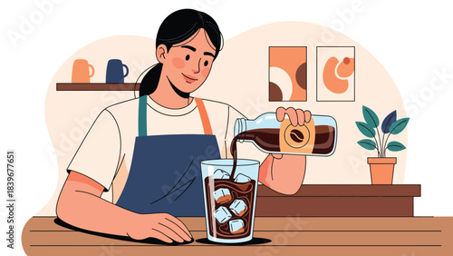 Flat modern vector of a barista pouring cold brew into an iced cup, ideal for summer café menus, beverage promos, and drink packaging