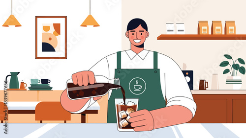 Flat modern vector of a barista pouring cold brew into an iced cup, ideal for summer café menus, beverage promos, and drink packaging