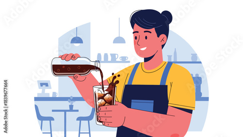 Flat modern vector of a barista pouring cold brew into an iced cup, ideal for summer café menus, beverage promos, and drink packaging