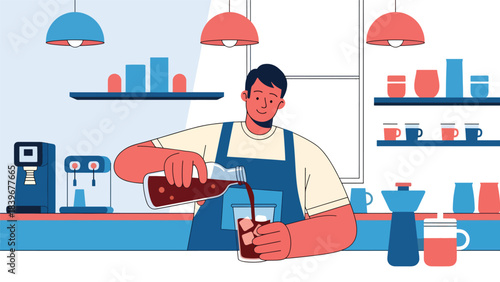 Flat modern vector of a barista pouring cold brew into an iced cup, ideal for summer café menus, beverage promos, and drink packaging