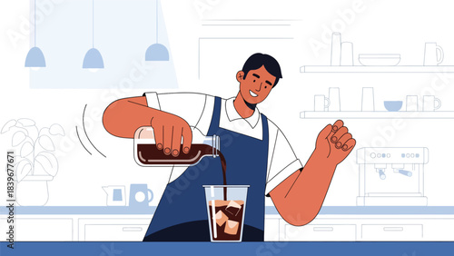 Flat modern vector of a barista pouring cold brew into an iced cup, ideal for summer café menus, beverage promos, and drink packaging