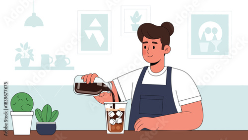 Flat modern vector of a barista pouring cold brew into an iced cup, ideal for summer café menus, beverage promos, and drink packaging