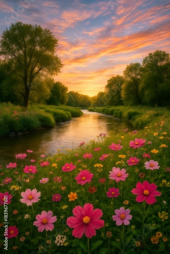Colorful wildflowers frame a calm river that reflects the glowing sunset, creating an enchanting and serene nature scene full of warmth and tranquility.