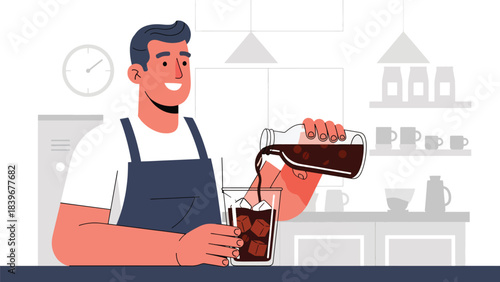Flat modern vector of a barista pouring cold brew into an iced cup, ideal for summer café menus, beverage promos, and drink packaging