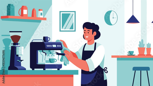 Flat modern vector of a barista cleaning an espresso machine, ideal for training materials, operational guides, and café workflow visuals