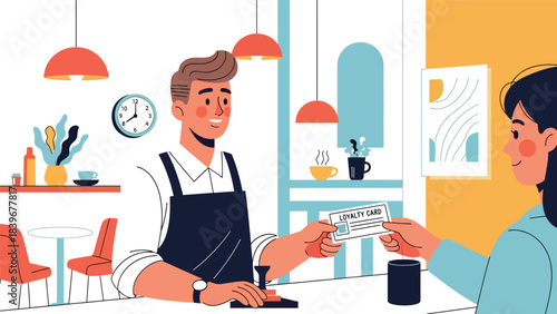 Flat modern vector of a barista handing a loyalty stamp card to a customer, ideal for café marketing, customer reward programs, and service visuals