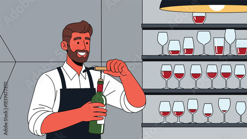 Flat modern vector of a bartender opening a wine bottle with a corkscrew, ideal for wine bars, restaurant menus, and sommelier visuals