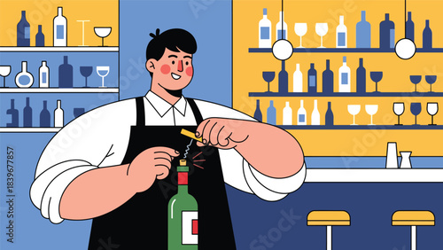 Flat modern vector of a bartender opening a wine bottle with a corkscrew, ideal for wine bars, restaurant menus, and sommelier visuals