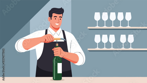 Flat modern vector of a bartender opening a wine bottle with a corkscrew, ideal for wine bars, restaurant menus, and sommelier visuals
