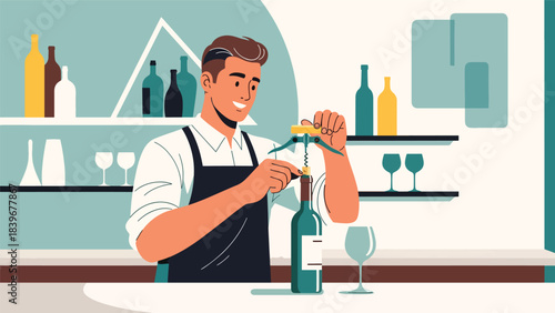 Flat modern vector of a bartender opening a wine bottle with a corkscrew, ideal for wine bars, restaurant menus, and sommelier visuals
