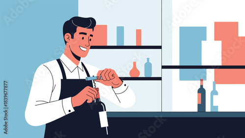 Flat modern vector of a bartender opening a wine bottle with a corkscrew, ideal for wine bars, restaurant menus, and sommelier visuals