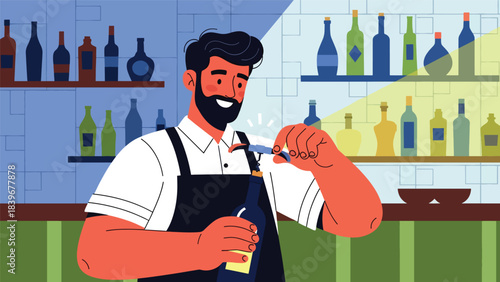 Flat modern vector of a bartender opening a wine bottle with a corkscrew, ideal for wine bars, restaurant menus, and sommelier visuals