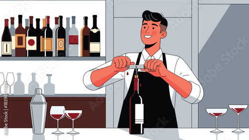 Flat modern vector of a bartender opening a wine bottle with a corkscrew, ideal for wine bars, restaurant menus, and sommelier visuals