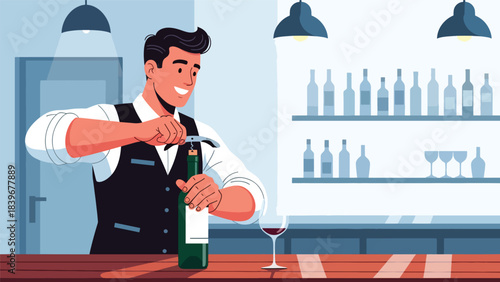 Flat modern vector of a bartender opening a wine bottle with a corkscrew, ideal for wine bars, restaurant menus, and sommelier visuals