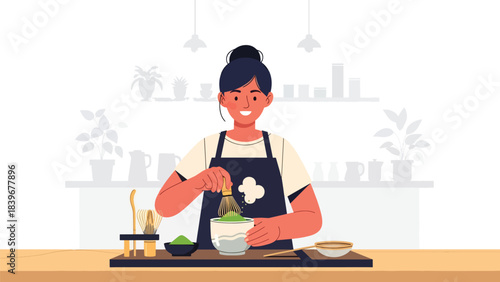 Flat modern vector of a barista preparing matcha with a whisk, ideal for tea cafés, beverage menus, and matcha-themed branding