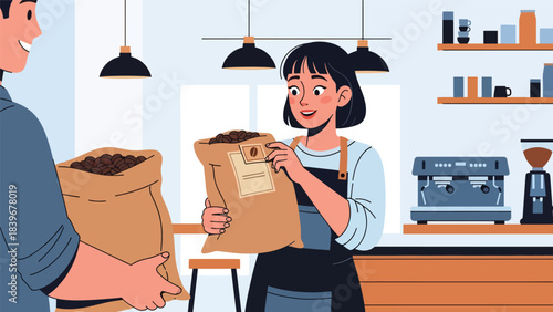 Flat modern vector of a barista receiving freshly roasted coffee beans, ideal for café sourcing visuals, packaging art, and coffee supply themes