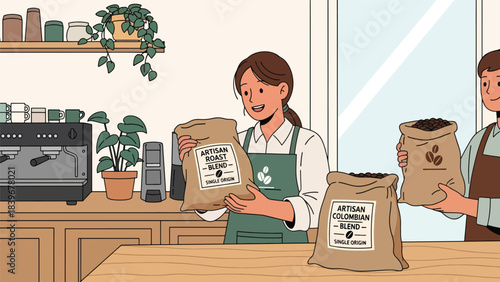 Flat modern vector of a barista receiving freshly roasted coffee beans, ideal for café sourcing visuals, packaging art, and coffee supply themes