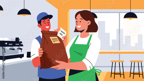 Flat modern vector of a barista receiving freshly roasted coffee beans, ideal for café sourcing visuals, packaging art, and coffee supply themes