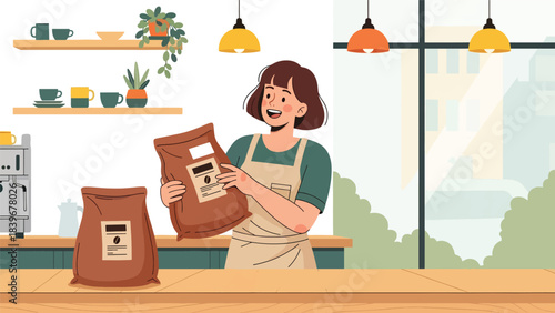 Flat modern vector of a barista receiving freshly roasted coffee beans, ideal for café sourcing visuals, packaging art, and coffee supply themes