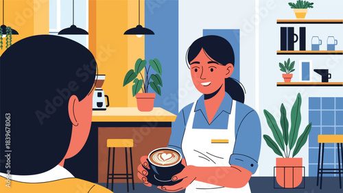Flat modern vector of a barista showcasing a latte art heart to a customer, ideal for café branding, warm service visuals, and drink promotion