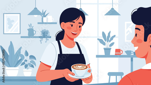 Flat modern vector of a barista showcasing a latte art heart to a customer, ideal for café branding, warm service visuals, and drink promotion