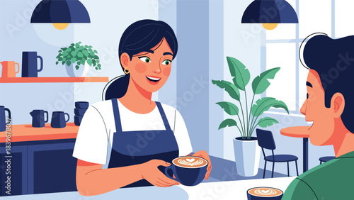 Flat modern vector of a barista showcasing a latte art heart to a customer, ideal for café branding, warm service visuals, and drink promotion
