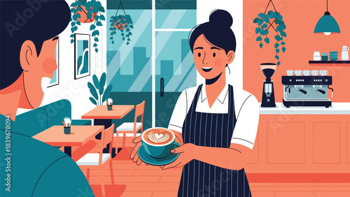 Flat modern vector of a barista showcasing a latte art heart to a customer, ideal for café branding, warm service visuals, and drink promotion
