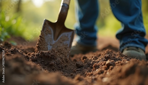 Person digs ground with shovel outdoors. Spade sticks in soil. Groundwork at farm. Dirt splashes around. Brown earth with boots visible. Rural scene of hard job at arable land.
