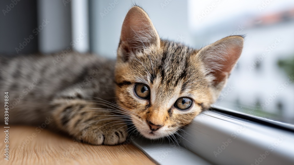 Fototapeta premium Gray little kitten looks and scratches the window. Cat on the windowsill looks at the rain.