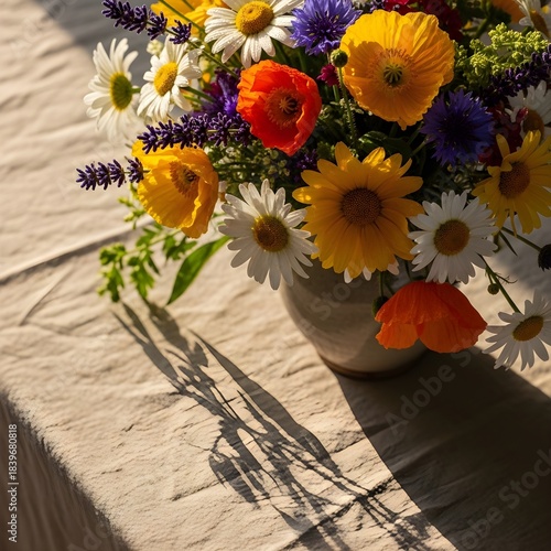 Vibrant Summer Bouquet of Wildflowers and Poppies in a Ceramic Vase Casting Shadows