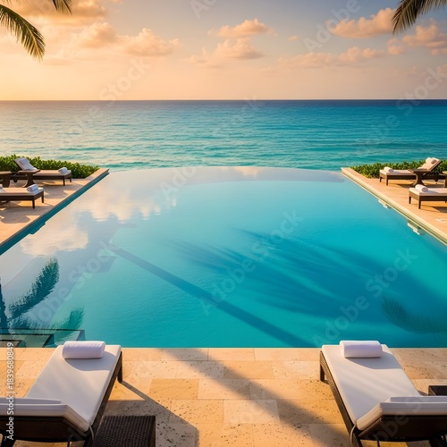 Stunning infinity pool overlooking a vibrant turquoise ocean at sunset, offering a luxurious and tranquil escape