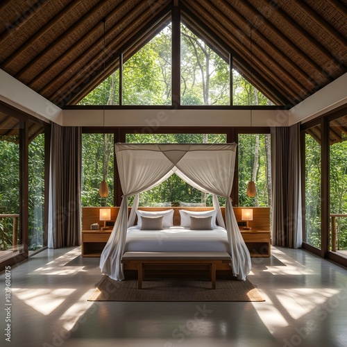 Luxury Canopy Bed Suite with Large Windows Overlooking a Lush Forest