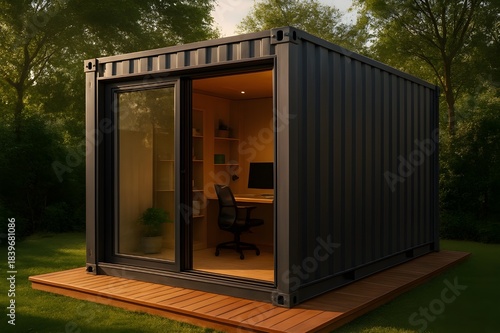 Modern shipping container office space set in a peaceful garden environment