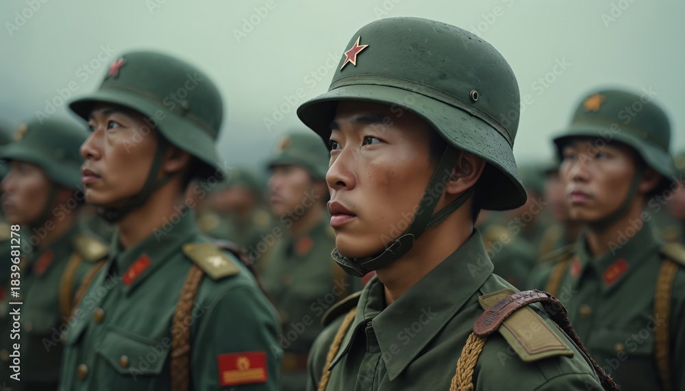 Obraz premium Illustration shows asian soldiers standing in military formation. Men are dressed in green uniform, helmets with red star. Troops stand in rows. Army is ready for parade or battle.