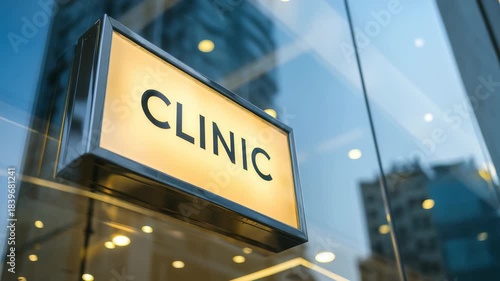 Brightly lit clinic sign mounted on glass wall, symbolizing advanced healthcare services in metropolitan area. Urban reflections, modern architecture highlight accessibility, trust in medical care