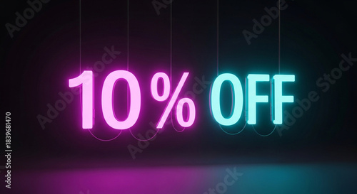 Glowing neon sign with 10 percent off in pink and blue on dark scene