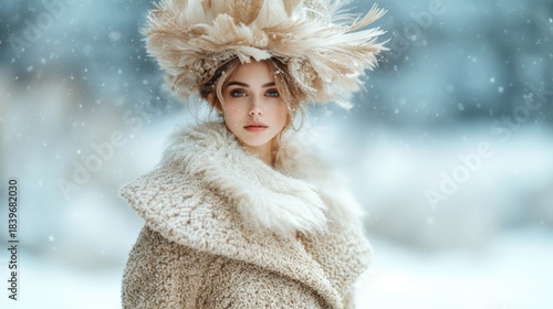 A woman in winter clothing, including a fur hat and coat, poses against a snowy landscape. Her off-camera gaze creates a feeling of quiet reflection and introspection.
