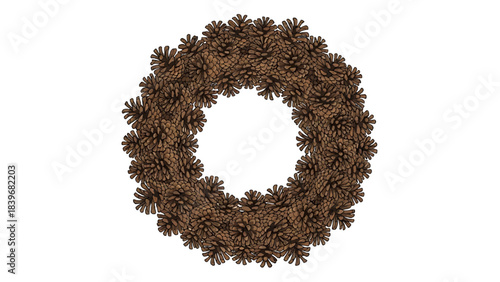Close-up of a circular pine cone wreath. The wreath is made entirely of pine cones, and its circular shape evokes ideas of wholeness and cyclical life
