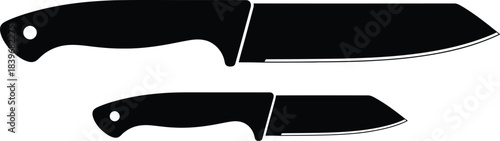 Black kitchen knives of different sizes a sleek silhouette on transparent background