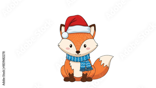Cute cartoon fox wearing Santa hat and scarf, perfect for holiday seasons.