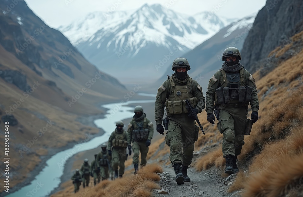 Obraz premium Group of special forces soldiers navigate mountainous terrain. Armed military personnel patrol alongside river beneath snowy peaks. Soldiers wear tactical gear complete mission training. Team moves